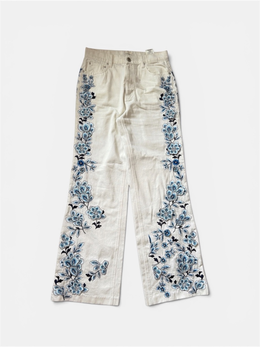 Alice + Olivia White Wide-Leg Jeans with Blue Floral Embroidery